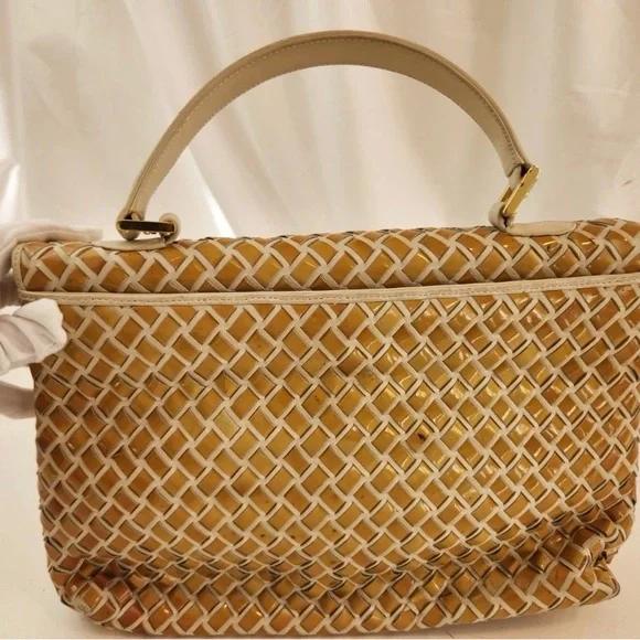 Bally Hand Bag Top Handle Braided Leather Purse Turn Lock Cream and Yellow - Picture 9 of 14